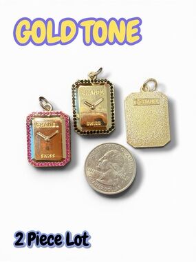 Lot of 2 Gold Tone CC Clock Zipper Pull Button Pendant Necklace Charms